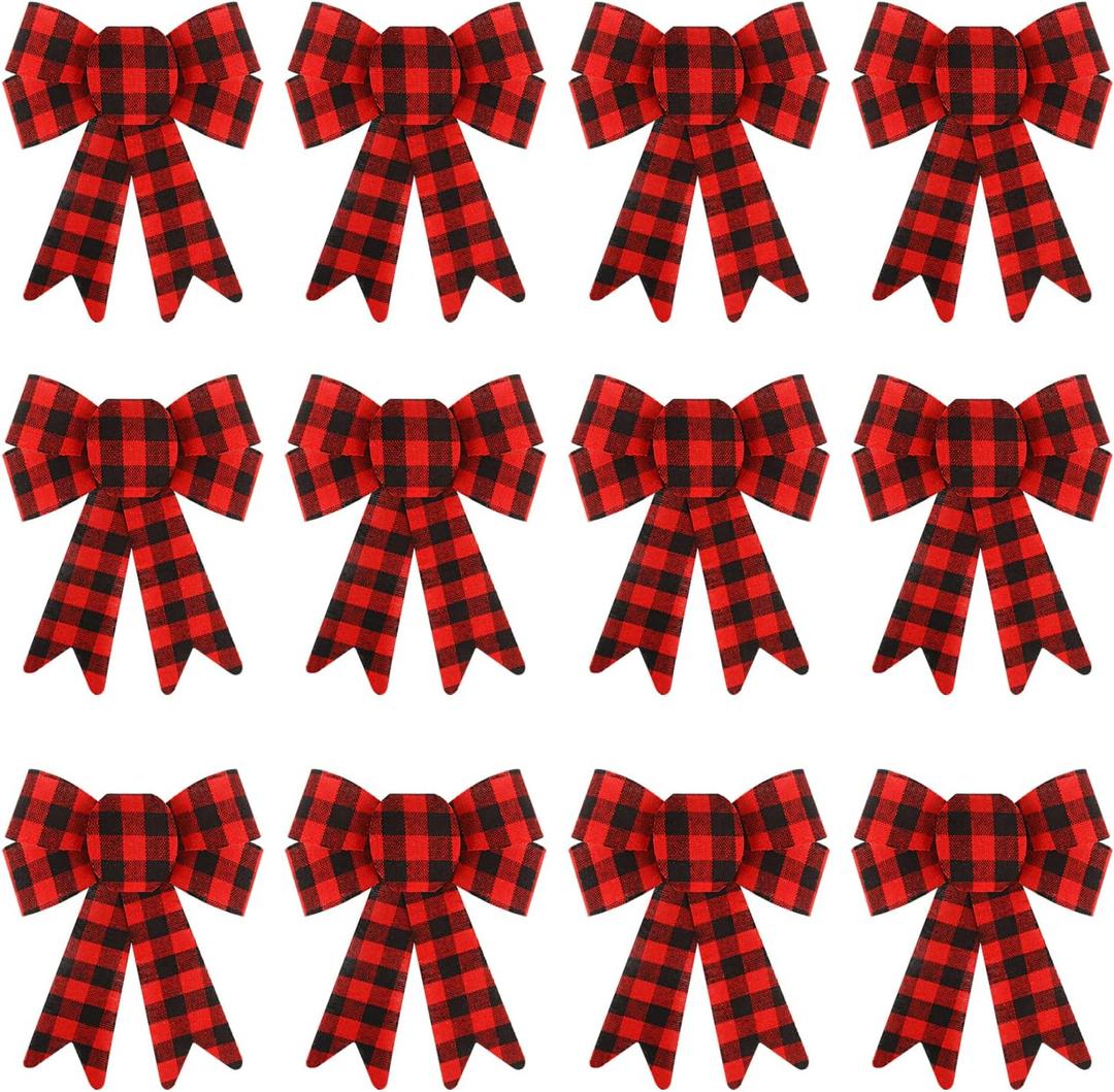CCINEE 12Pcs Red Buffalo Plaid Christmas Bows 5.1 x 6.9 Inch Red and Black Christmas Decorative Bows Checked Wreath Bows for Wreath Garland Christmas Tree Topper Decoration Home Party Supplies
