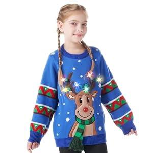 JOYIN Kid's Christmas Ugly Sweater LED Light Up Reindeer Xmas Sweater Built-in Light Bulbs for Boys Girls (Blue, Medium)