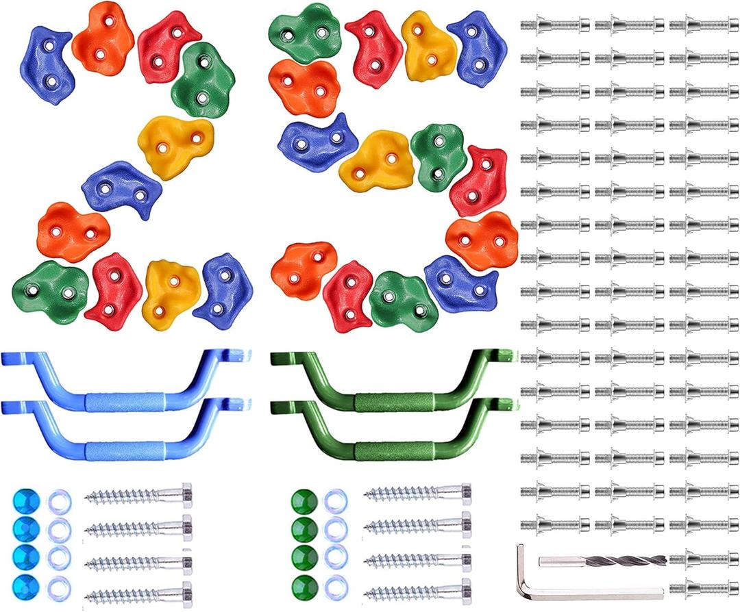 25 Pcs Colourful Pig Nose Shape Rock Climbing Holds with Blue & Green Auxiliary Handles, Indoor Outdoor Playground Wooden Play Set Build Exercise Toy Accessory - Mounting Hardware Kit Included