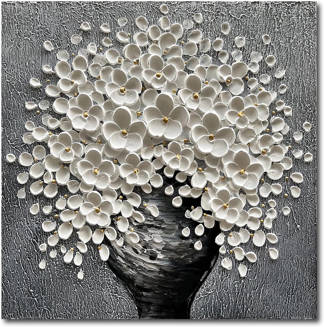 White Flower Oil Painting Modern Abstract Art Oil Painting Home Bedroom, Dining Room, Living Room, Office Wall Decoration (20x20 inches)