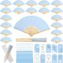 Marsui 100 Set Folding Fans Wedding Fans Bamboo Hand Held Sandalwood Fans with Thank You Cards, Tassels and Gift Bags for Wedding Guests Party Favors Bridal Shower Church Decoration (Light Blue)
