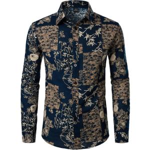 Men's Cotton Linen 70s Disco Retro Traditional Pattern Printed Long Sleeve Button Down Shirt (X-Large)