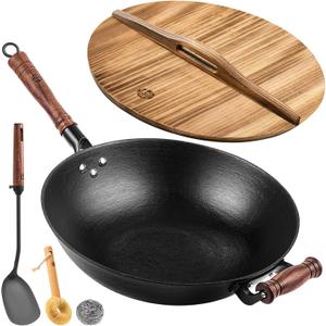 WANGYUANJI Cast Iron Wok Pan with Lid, 13.4 Inch Flat Bottom Uncoated Stir Fry Skillet, Traditional Chinese Iron Pot for 3-5 People, Detachable Walnut Handle, Compatible with Induction & Gas Stoves