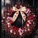 TEMPUS 22 Inch Valentine's Day Wreath for Front Door Red Pink Foam Hollow Heart-Shaped Berries Wreath with Bow Indoor Decor for Anniversary, Wedding, Romantic Gift