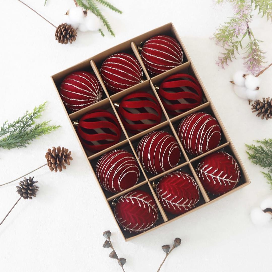 3.15INCH Burgundy Velvet Ornaments for Christmas Tree, 12PCS Glitter Flocked Christmas Ornaments Decorations Balls Set Decor