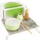 Matcha Kit Set, Ceramic Matcha Bowl with Spout & Holder, Bamboo Whisk, Sifter, Scoop, Traditional Japanese Matcha Tea Making Tools, Complete Gift Set 5-PC (Light Green)