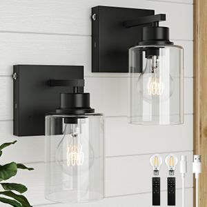 Battery Operated Wall Sconce Set of 2, Rechargeable Cordless Wall Light, Dimmable, Touch Control, 3000K for Living Room, Bedroom Black (Include 2 Special Bulbs) (Black (Clear Tubular Lampshade))
