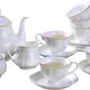 GuangYang 15-pcs Porcelain Tea sets for Adults, Off White Embossed Pattern with Gold Trim (A set Included 1 Teapot, 1 Sugar Bowl, 1 Cream Pitcher, 6 Cups and 6 Saucers), 7 Ounce, 200 ml