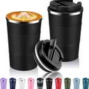 Volhoply 13 oz Stainless Steel Insulated Travel Coffee Mug with Fip Lid Bulk 2 Pack,Reusable Double Wall Vacuum Metal Coffee Cup,Portable Leak Proof Thermal Tumbler for Hot & Cold Drinks(Black,2)