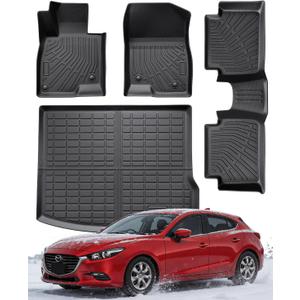 Car Cargo Liner & Floor Mats for Mazda 3 Hatchback: 2014 2015 2016 2017 2018 Custom Fit All Weather Waterproof TPE Floor Liners, Front & Rear & Cargo Mat Tray Accessories, 4PCS (No Fit for Sedan)