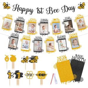 Glitter Black Gold Bumble Bee First Birthday Photo Banners from New Born to 12 Months Happy 1st Bee Day Party Decorations Monthly Milestone Picture Garland Banner for Boy Baby Shower with 24pcs Cake Toppers