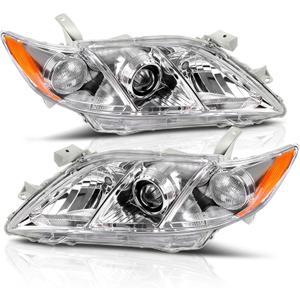 AUTOSAVER88 Projector Headlight Assembly Compatible with 2007-2009 Toyota Camry (Exclude Hybrid) Replacement Halogen Headlamps Left and Right Chrome Housing Amber Reflector Clear Lens (W/O Bulbs)