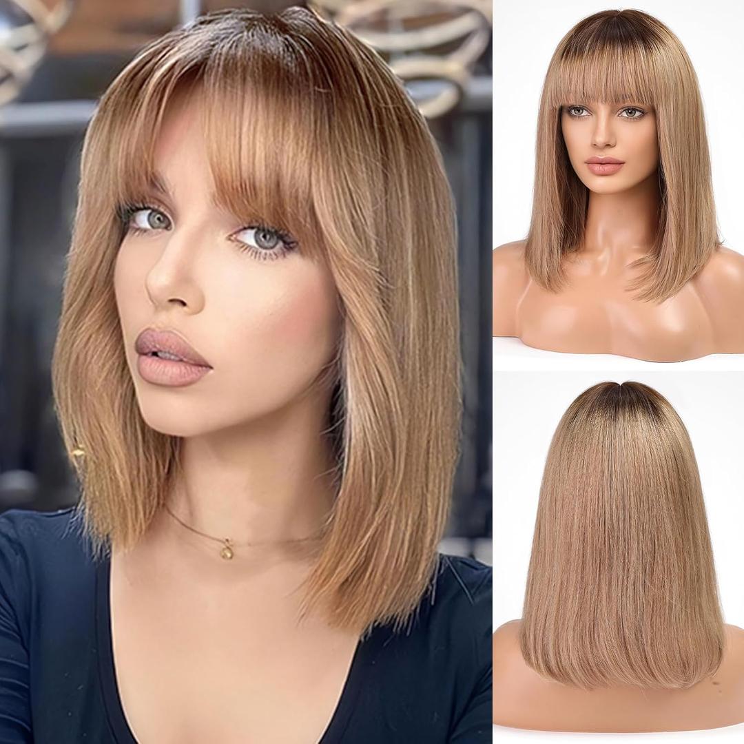 BLONDE UNICORN Ash Brown 14 Inch Bob Wig with Bangs 100% Human Hair,Shoulder Length Wigs for White Women Daily Use 180 Density
