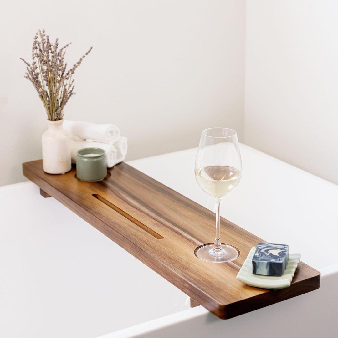 Premium Nature Shed Bathtub Tray for Freestanding Bath | Large & Thick 35 Acacia Wood Luxury Bath Tray for Tub | Anti-Tip, Non-Toxic, Adjustable Bathtub Trays for Tub with Bathroom Accessories Holder (Long (35x9x2.4 in.))