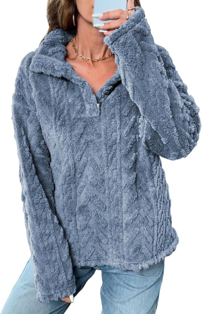 BLENCOT Womens Casual Button Down Collar Pullover Fleece Sweatshirt Long Sleeve Tops Warm Sherpa Coat Jacket Pockets (Blue, M)