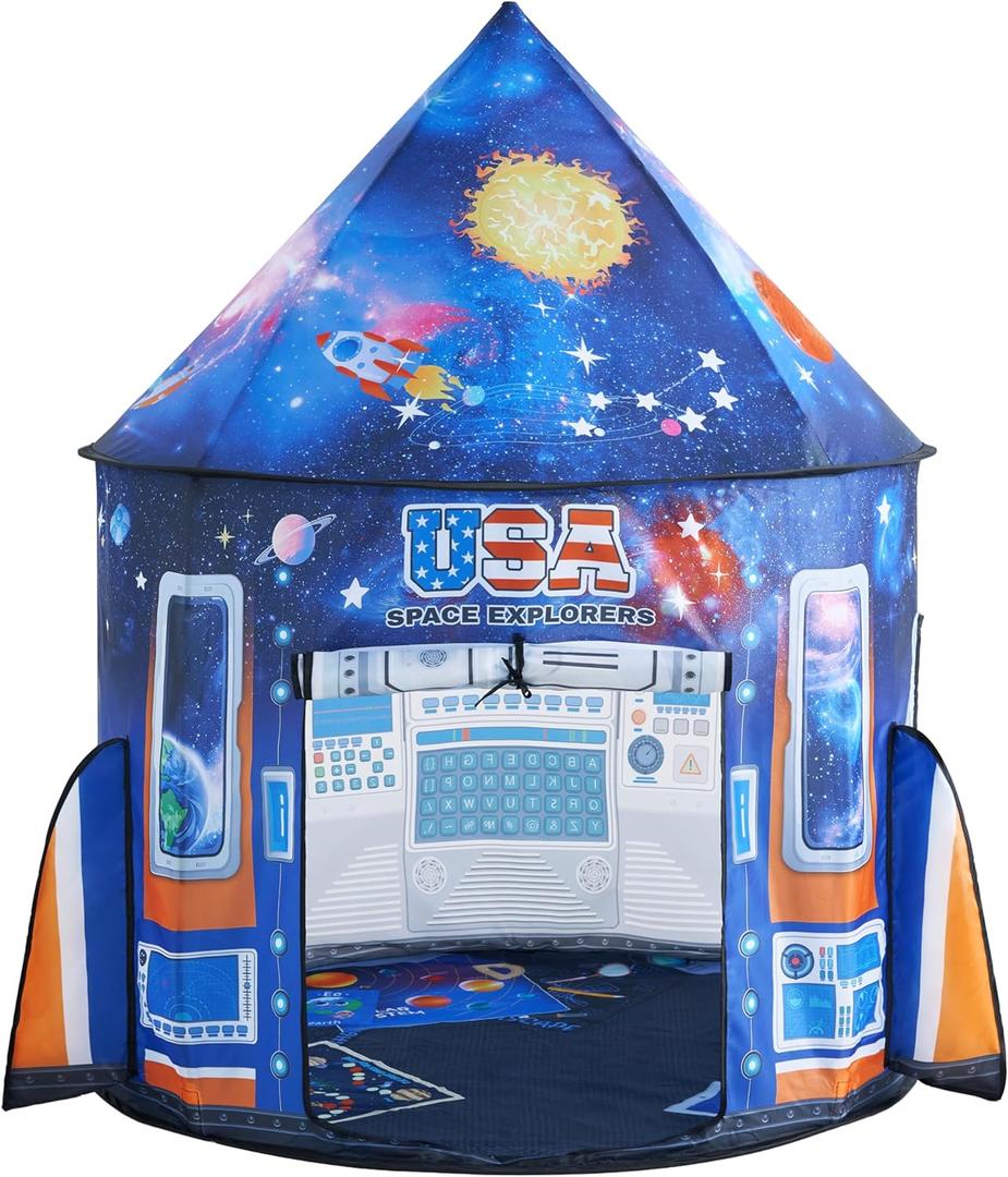 Glowing Stars Space TentJOYIN Rocket Ship Play Tent for Kids Glow-in-The-Dark Space Tent with Starry, Astronaut Spaceship Foldable Playhouse for Boys & Girls, Indoor Outdoor Kids Pop-up Play House, Toddler Birthday Toy,