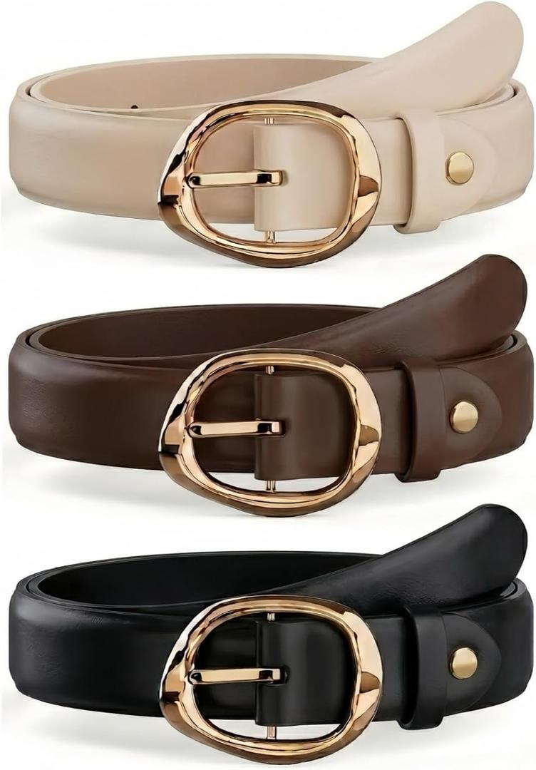 West Leathers 3 Pack Women's Leather Belts with Gold Buckle, 1.1" Wide Adjustable 12-Hole Belts for Jeans & Dresses 