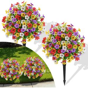 Alupssuc 2Pcs 20" Artificial Topiary Ball Flowers, Spring Outdoor Decoration with Spike, UV Resistant Faux Summer Plants, Faux Bushes Plants, Red Purple Yellow White for Garden, Porch & Patio Decor