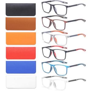 BLOEXCLU 6 Pack Reading Glasses for Men Sports Style Blue Light Blocking Readers with Spring Hinge Women Eyeglasses (Black & red & Brown & Orange & Blue & transparent, 1.5, x)