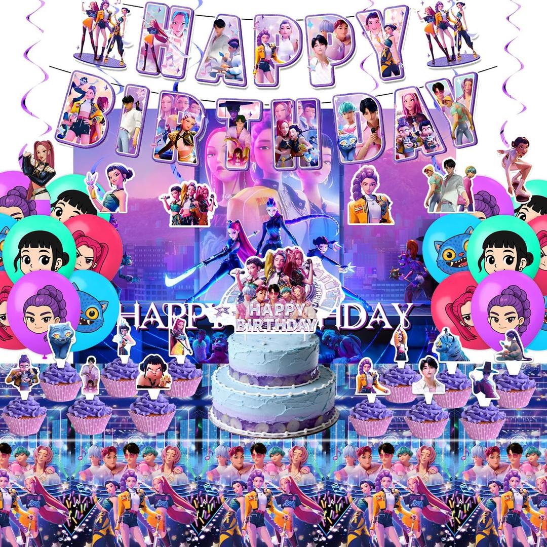 Demon Hunters Birthday Decorations, Party Supplies Set Include Banner, Backdrop, Balloons, Hanging Swirls, Cake Cupcake Toppers, Tablecloth for Boys Girls Kpop Theme Party