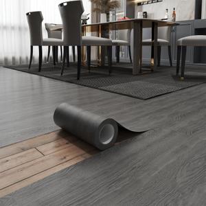 Peel and Stick Floor Tile 11.8 x 590 Vinyl Flooring Roll Cover 48.4 Sq.Ft. Waterproof Scratch-Resistant DIY Self-Adhesive PVC Wood Flooring for Renter, Kitchen, Bathroom, RV, Grey