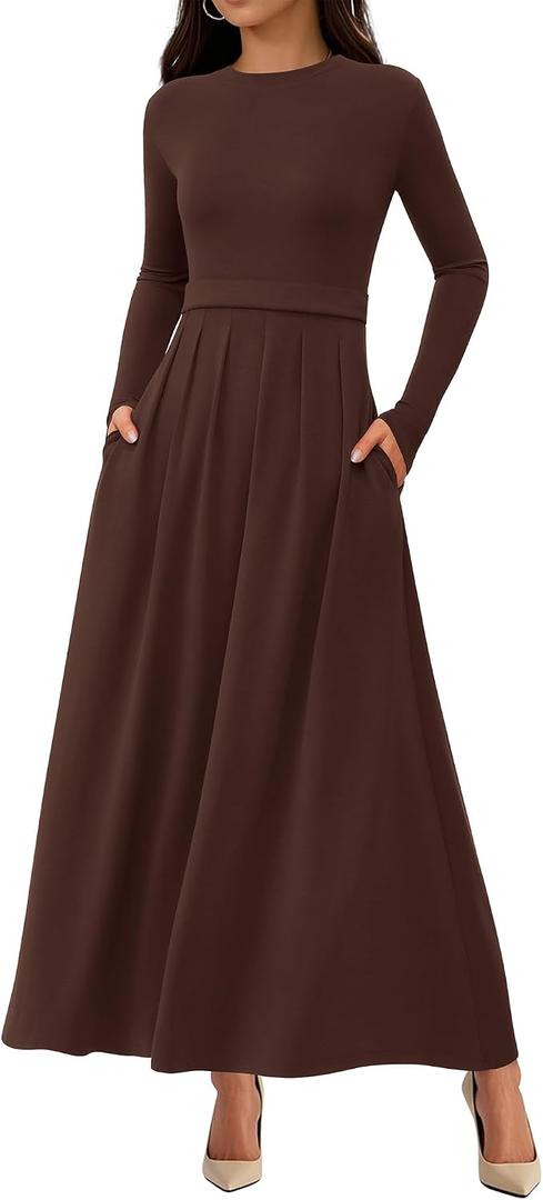 BTFBM Long Sleeve Dress for Women Spring Clothes 2026 Pockets Business Casual Pleated Fall Wedding Guest Dresses (M)