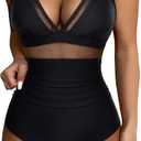 SUUKSESS Women Sexy Mesh Tummy Control Swimsuit Push Up High Waisted Bathing Suit (XX-Large, 10 Black)