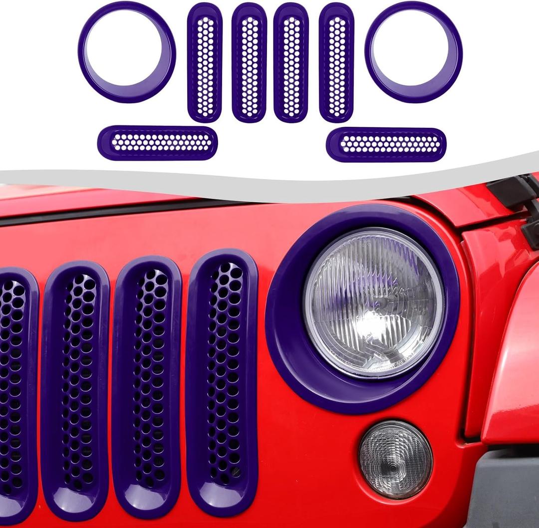 Mesh Grille Grill Insert+Headlight Turn Light Cover Trim Fit for 2007-2018 Jeep Wrangler JK JKU(Purple)
