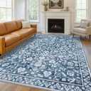Vintage 9x12 Area Rugs, Blue and White Washable Living Room Rug Non-Slip Thin Large Area Rug Printed Faux Wool Floor Super Soft Carpet Throw Rugs for Bedroom Dining Room Playroom Office