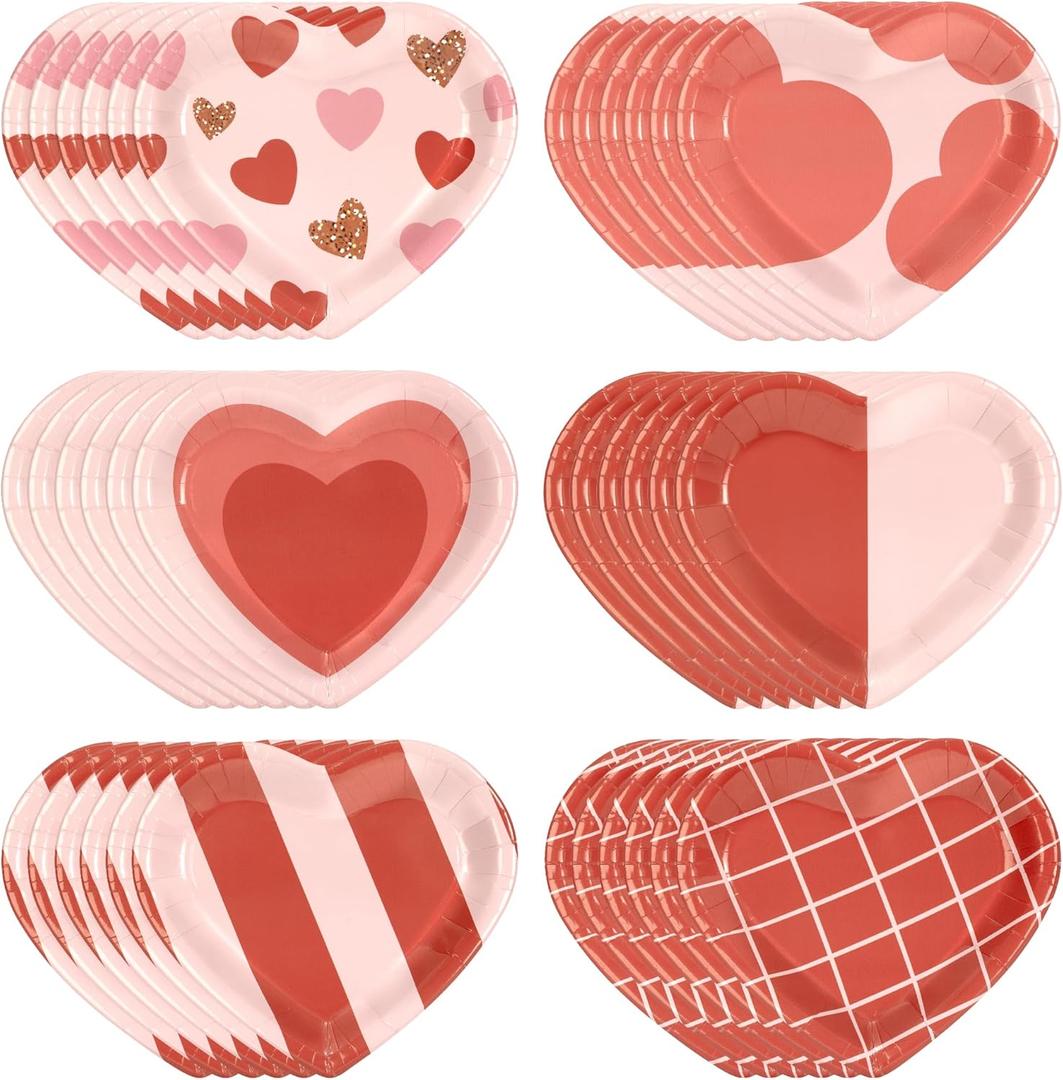 Valentine's Day Paper Plates Set 60 Count, Heart Shaped 9'' Disposable Plates, Valentines Party Galentine's Day Table Decorations Supplies