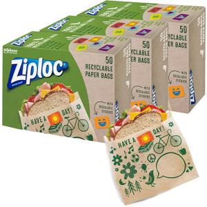 Ziploc Paper Sandwich and Snack Bags, Recyclable & Sealable with Fun Designs, 150 Bags Total (Brown)