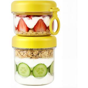 LKTKJDS On the Go Yogurt Parfait Snack Cup 26 oz with Spoon & Lid, 100% Leak Proof Granola Holder for To Go Breakfast Cereal Fruit Overnight Oats Container Reusable, Travel Hiking Camping (yellow Oatmeal Cup)