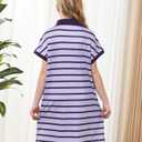 GORLYA Girls Striped Polo Collared Button Shift Straight Casual Loose Midi Dress 6-14Y (GOR1258,6Y,Purple Stripe)