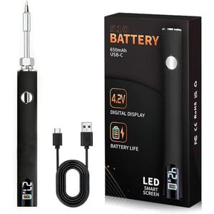 510 Threaded Battery Cart Pen, Portable Cordless Soldering Iron Cart Pen, USB-C Rechargeable with LED Screen, 650mAh Adjustable Temperature for Electronics Repair, DIY, & Phone Fix (Black)
