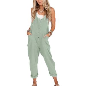 Yeokou Womens Overalls Linen Cotton Jumpsuits Loose Casual Jumpers with Pockets (Blue, L)