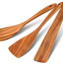 3Pcs Wood Spatulas for Cooking, Natural Teak Wooden Utensil Set - Flat Spatula Turner, Wood Spatula for Right Hand, Wooden Scraper Flipper, Non Toxic Heat Resistant kitchen essentials for Home