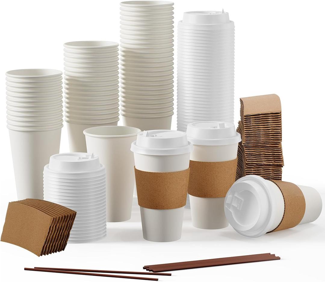 JOLLY PARTY [50 Pack] 16 oz Paper Coffee Cups, Disposable Paper Coffee Cup with Lids, Sleeves, and Stirrers, Hot/Cold Beverage Drinking Cup for Water, Juice or Tea, Suitable for Home, Shops and Cafes (EXP 07/15/26)