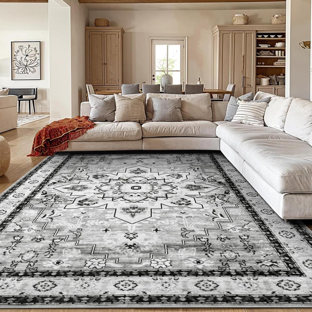 LBRO2M Boho Area Rug 8X10 Washable Rugs for Bedroom Low Piles Indoor Rugs, Non Slip Soft Carpet for Living Room, Dining Room, Gray Rug Foldable Pet Friendly Area Rugs Stain Resistant (8'X10' Gray)