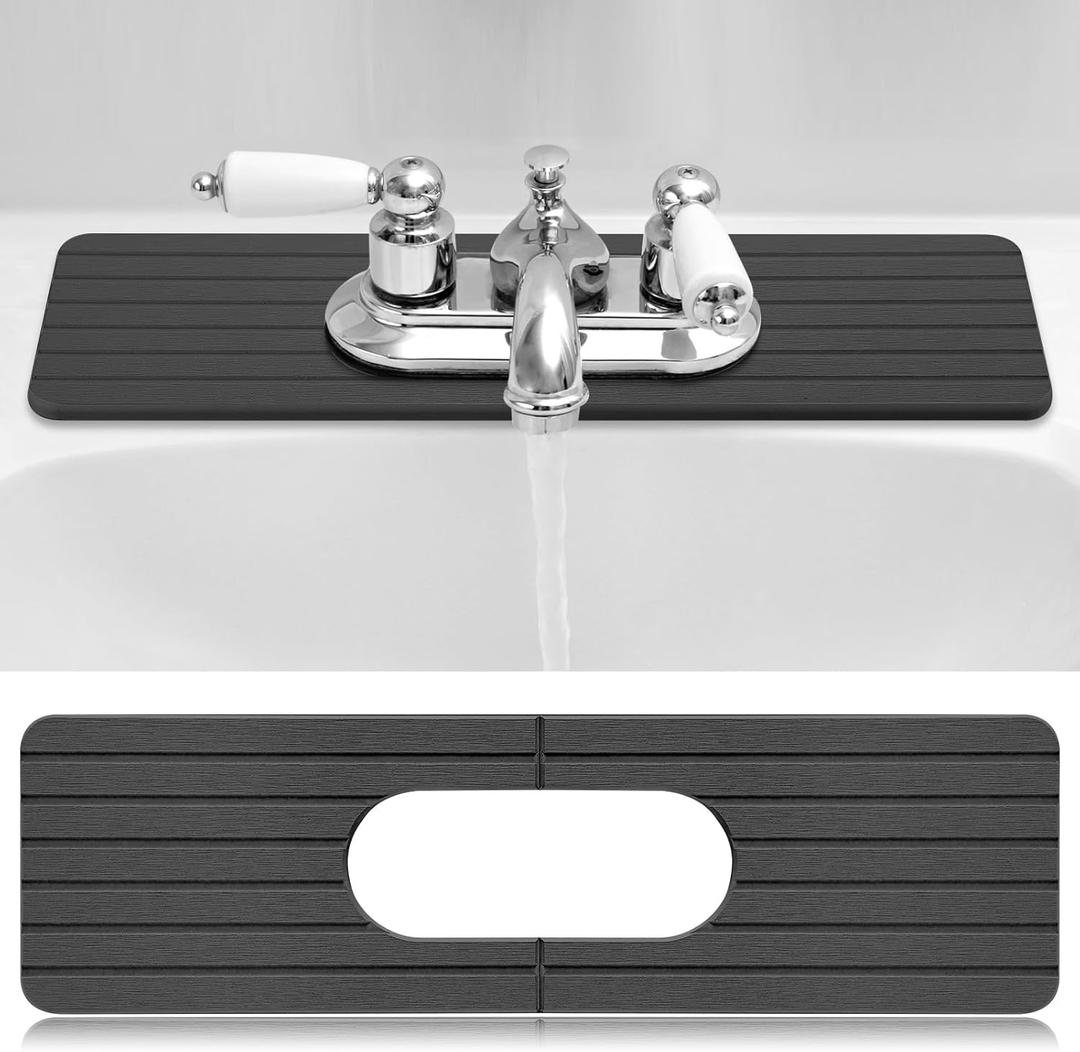 Funnymoom Stone Faucet Mat Sink Splash Guard, 24" Diatomite Quick Drying Stone Faucet Mat, Super Absorbent, Kitchen Sink Oval and Round Splash Tap Pad for Bathroom Counter & Kitchen (Grey) (Gray)