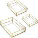 Jetec 3 Pieces Mirror Glass Vanity Tray Gold Ornate Makeup Tray Metal Vintage Octagonal Perfume Dresser Trays for Dresser Bedroom Bathroom Hotel, 3 Sizes