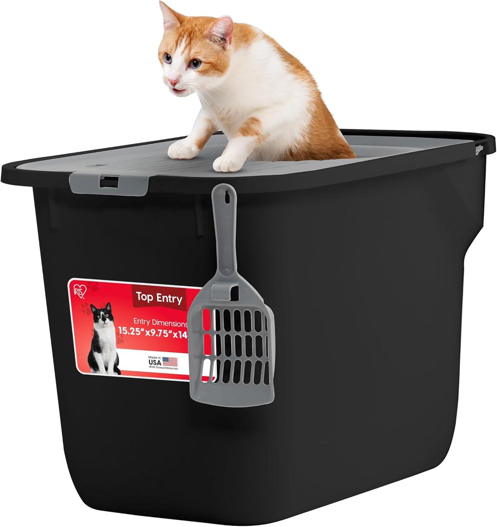 IRIS USA Cat Litter Box Large Top Entry with Lid, Enclosed Litter Box with Litter Catching Lid & Scoop, Covered Cat Litter Box Enclosure for Privacy, High Sided, Black/Gray