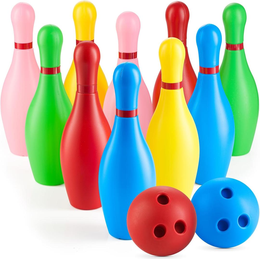 Kids Bowling Set - 10 Colorful Plastic Pins & 2 Lightweight Bowling Balls - Family Fun Indoor & Outdoor Toddler Bowling Set Game for Boys & Girls, Educational & Active Play Toy, Birthday Gift Ages 3+