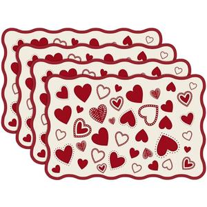 FoldTier 4 Pcs Valentine's Day Red Hearts Placemats, 12 x 18 Inch Scalloped Placemats Anniversary Holiday Table Mats for Kitchen Dining Wedding Anniversary Valentine Decorations Party Decor
