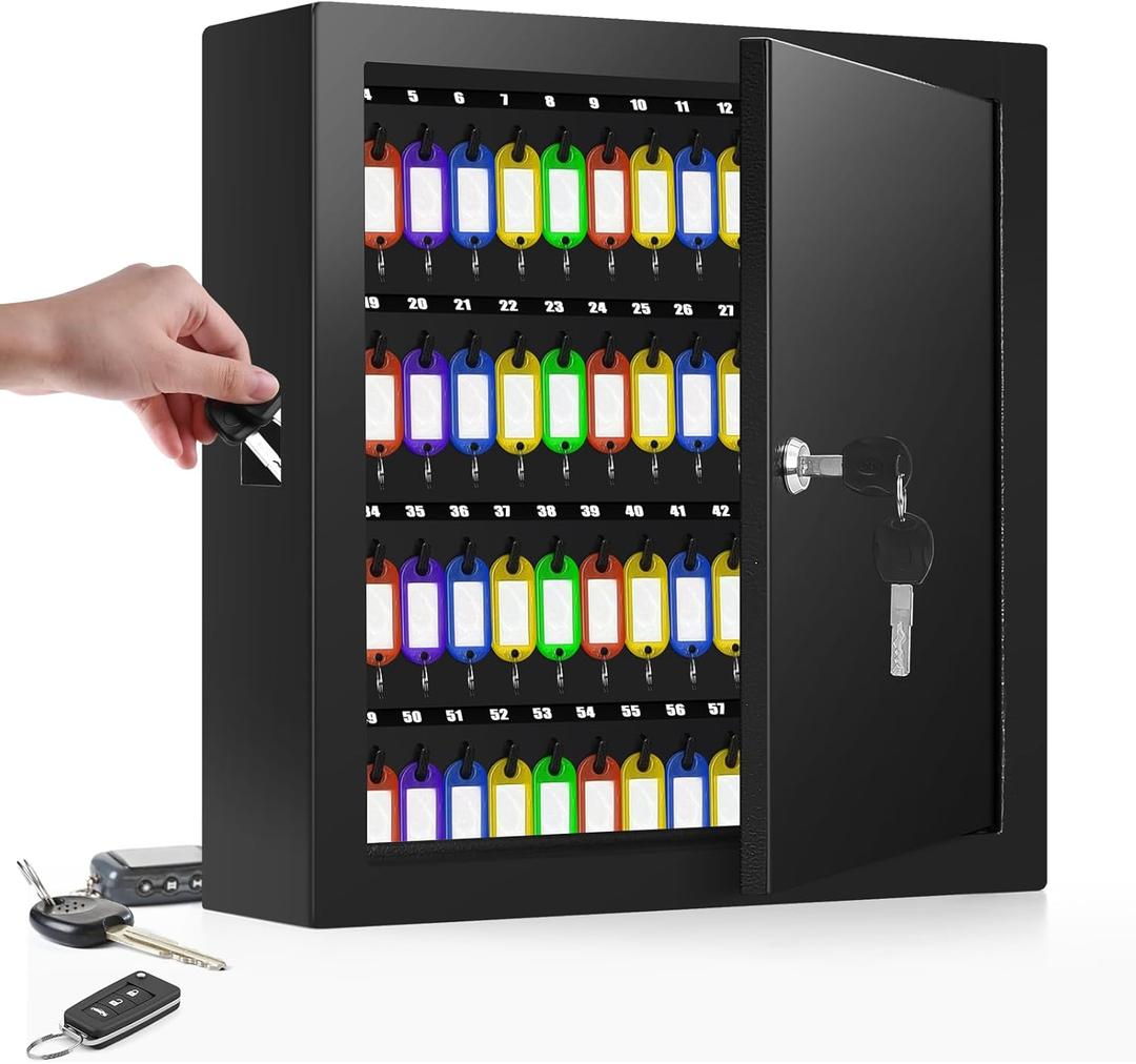 Nebakne 100 Keys Key Cabinet, Anti-Theft Key Lock Box with Key Tags, Adjustable Key Organizer Wall Safe for Car Office House Garage Rental Business (Black)