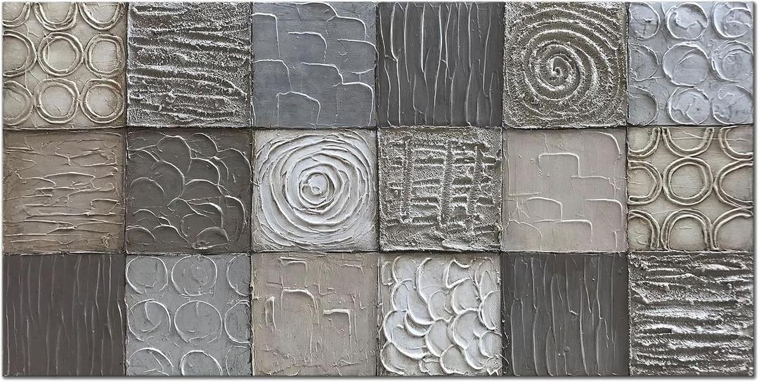 Alenoss 100% Handmade Abstract Metal Paintings Canvas Wall Art Unique Thick Texture Rough Surface Modern Oil Painting 48x24 Inches Imitation Old Handicrafts Grey Artwork