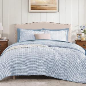 King Comforter Set - 7 Pieces Blue Gauze Muslin Bedding Sets for All Seasons, Lightweight Breathable Bed in a Bag King with Revesible Farmhouse Comforter, Sheets, Pillowcases & Shams