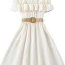 Happy Cherry Girls Cold Shoulder Midi Dress Ruffle Trim Short Sleeve Belted A Line Sundress for Summer Beach