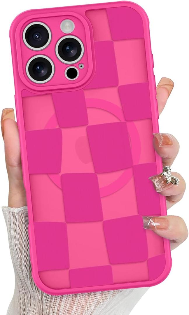 KANGHAR for iPhone 15 Pro Max Case Checkered Cute Pattern Matte Aesthetic Magnetic [Compatible with Magsafe] Slim Shockproof Full Body Protection for Girls Women -Hot Pink