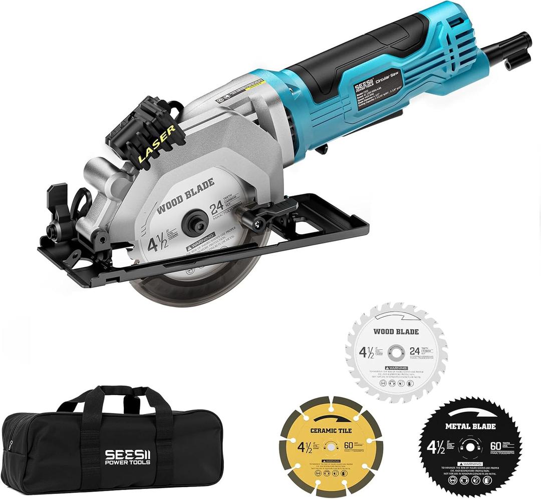 Seesii Mini Circular Saw with Laser Guide,4.8A 4000 RPM Compact Corded Circular Saw with Rip Guide,3 Blades (4-1/2") for Wood,Soft Metal,Tile,Plastic Cutting,Max Cut Depth 1-11/16"(90),1-1/8" (45)