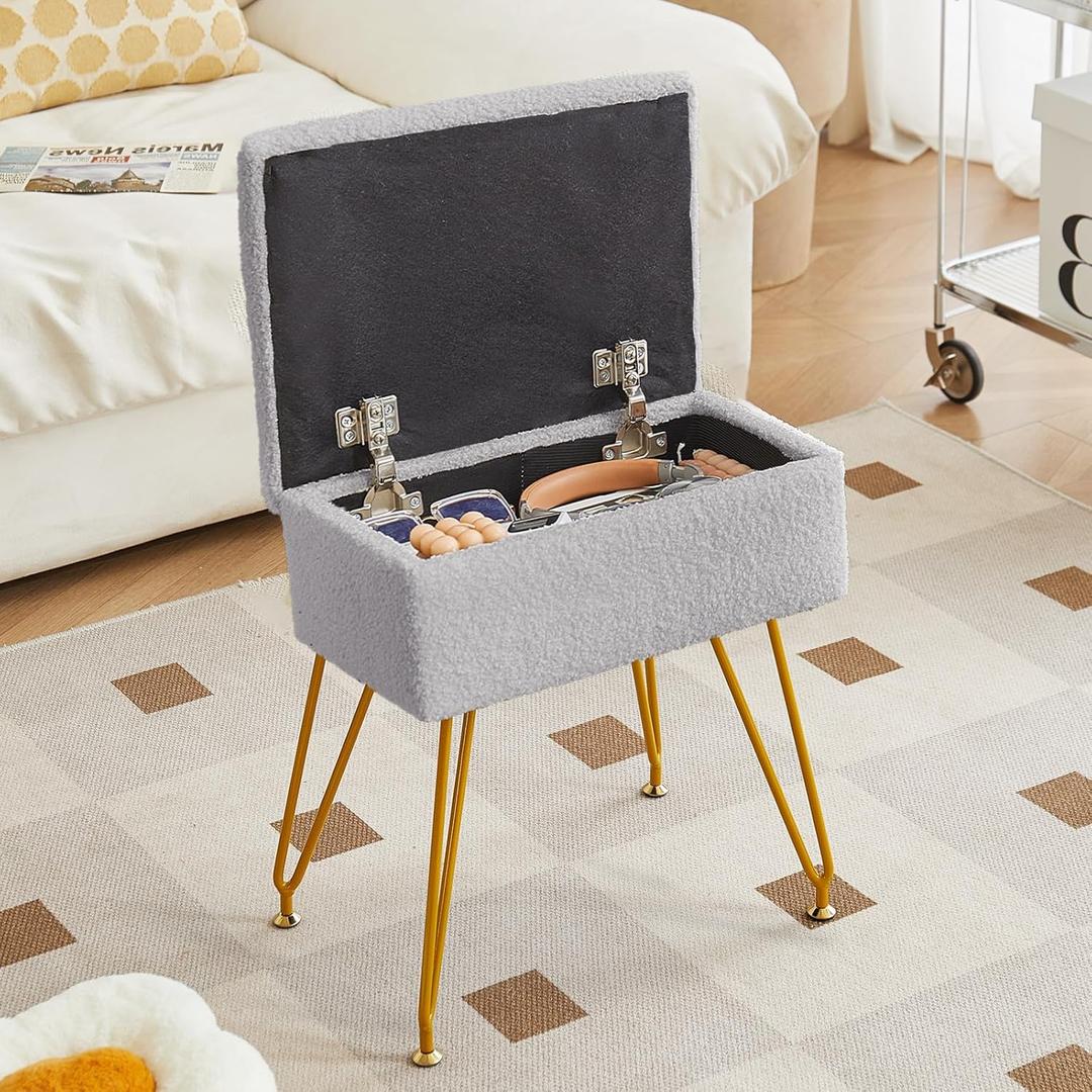 Alessing Vanity Stool with Storage, Sherpa Makeup Chair with Metal Legs, Upholstered Ottoman Seat for Bedroom, Living Room, Grey
